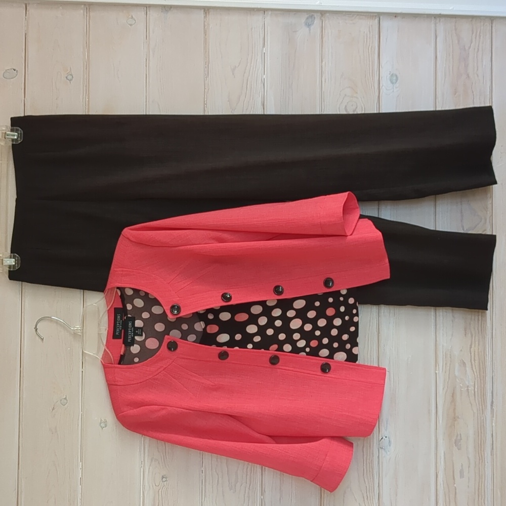 Perceptions Y2K 3 Pc Retro Pantsuit 3/4 Sleeve Coral Blazer, Polka Dot Top,